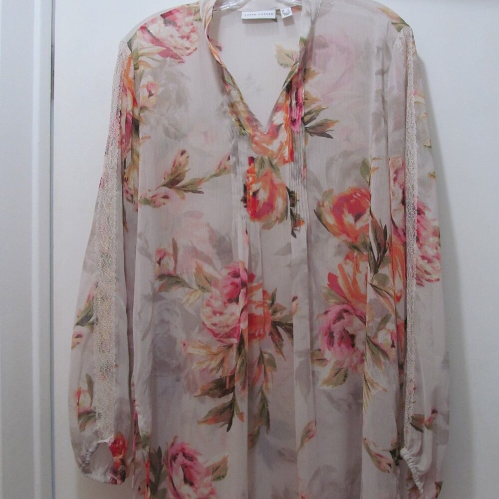 Susan Graver Printed Sheer Chiffon Tunic with Lace Trim Cream & Pink Size Large